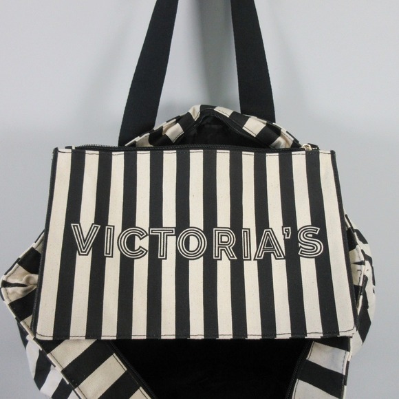 Victoria's Secret Canvas Tote Bag w/ Pouch Black White Striped Gym Travel 534 - Picture 6 of 12
